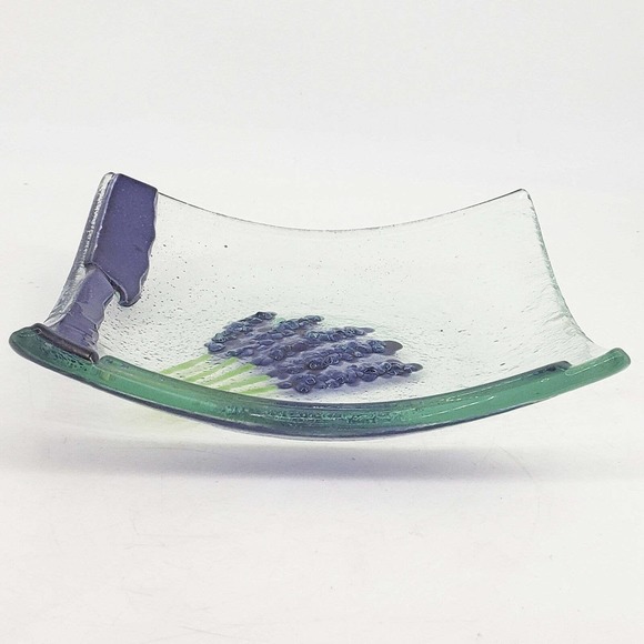 Pair of Studio Art Fused Glass Lavender Flower design small plate trinket dishes